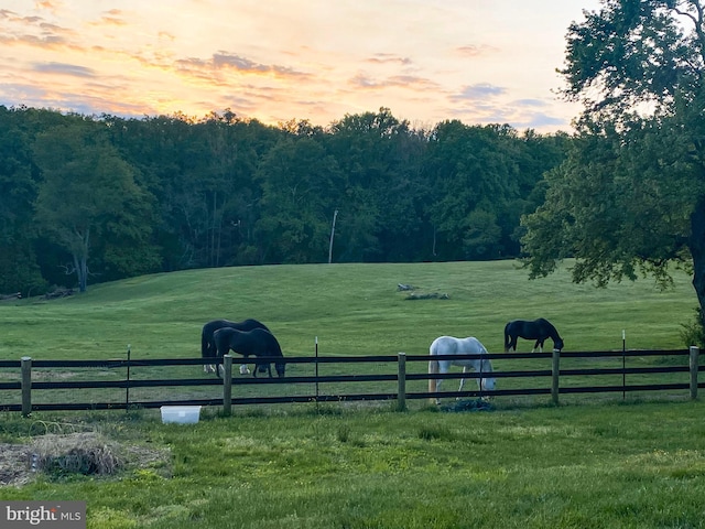 yard at dusk featuring a rural view