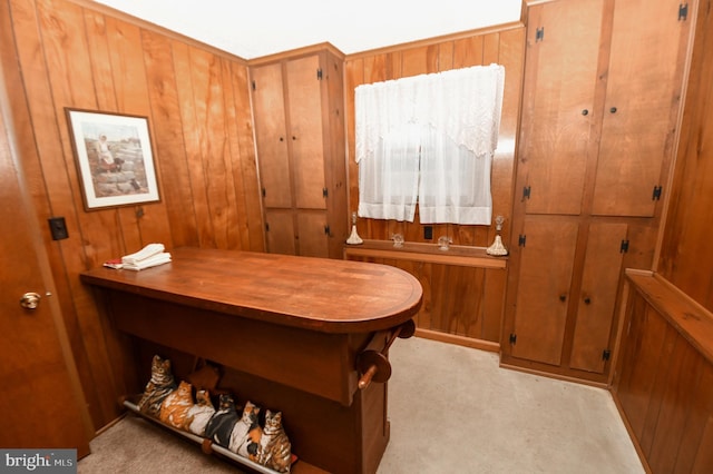 office space with light carpet and wood walls