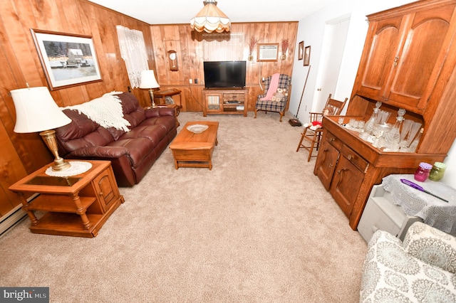 carpeted living room with wood walls