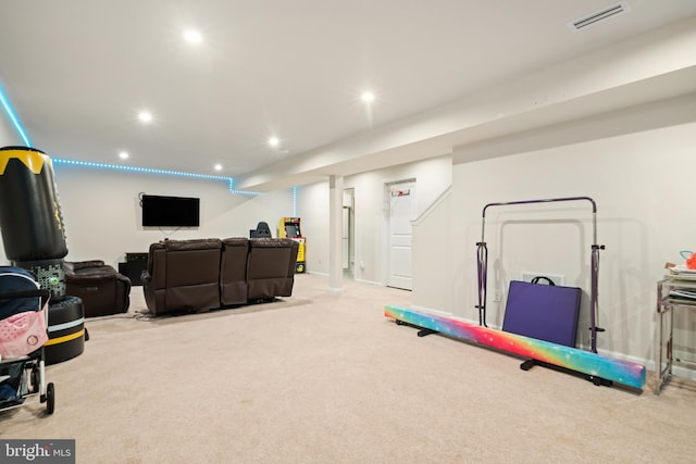 exercise area with light carpet