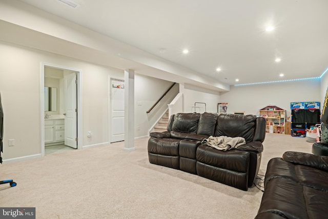 living room with light carpet