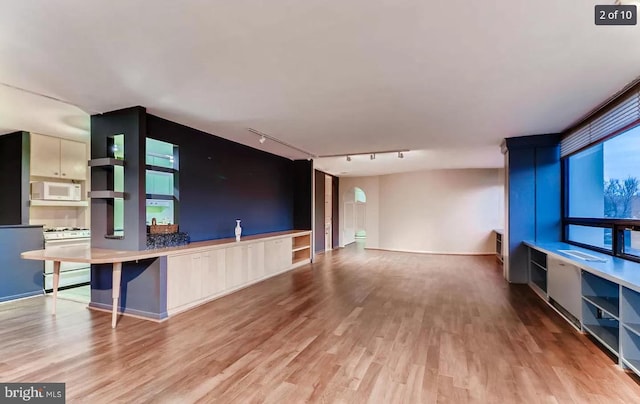 unfurnished living room featuring light hardwood / wood-style floors and rail lighting