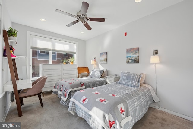 bedroom featuring recessed lighting, ceiling fan, and light colored carpet