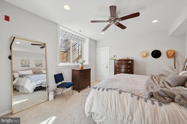 bedroom featuring recessed lighting, light carpet, a ceiling fan, baseboards, and visible vents