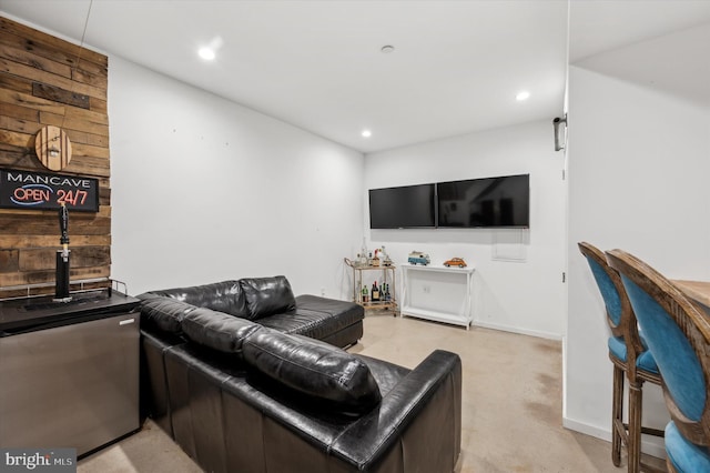 living room featuring light carpet