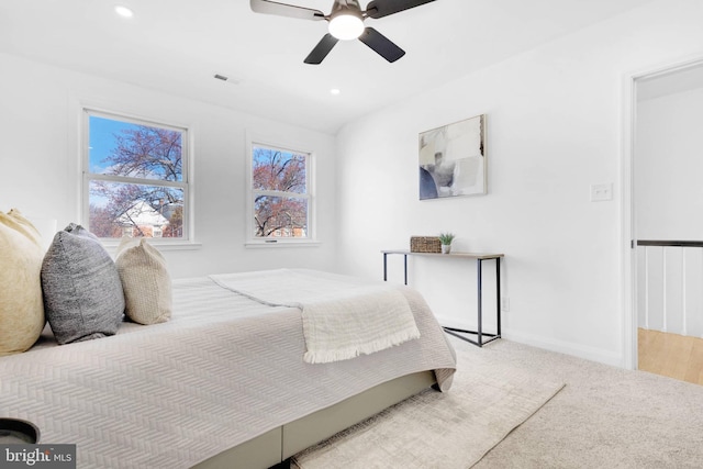 bedroom featuring ceiling fan and carpet floors