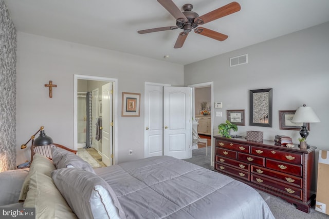 103 Candor Ln, Dover, DE 19901 - carpeted bedroom featuring ceiling fan, visible vents, and connected bathroom