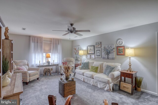 103 Candor Ln, Dover, DE 19901 - living room with baseboards, carpet flooring, visible vents, and a ceiling fan