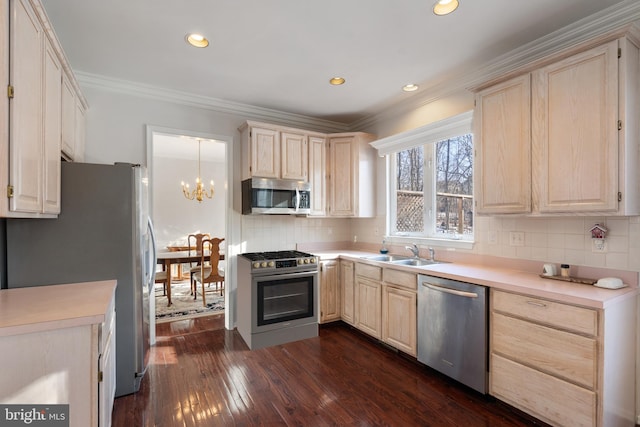 kitchen featuring dark wood-type flooring, sink, ornamental molding, stainless steel appliances, and decorative backsplash