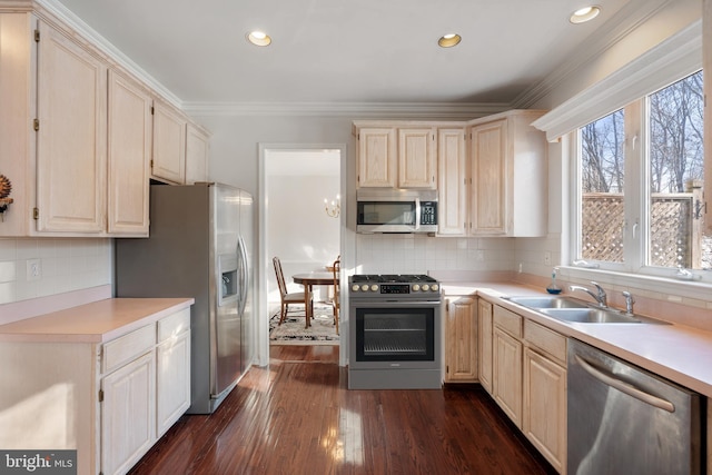 kitchen with dark wood-type flooring, sink, crown molding, appliances with stainless steel finishes, and backsplash