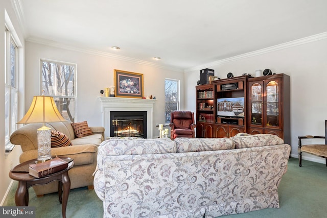 living room with crown molding and carpet flooring