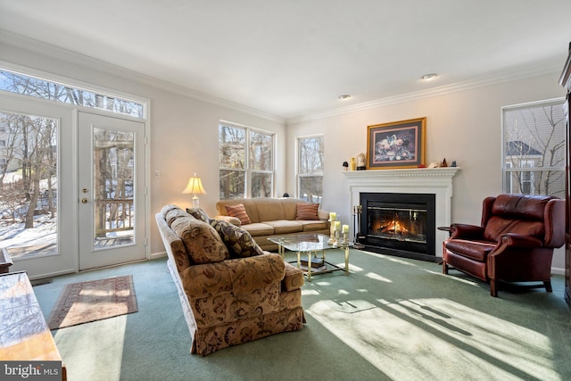 living room with crown molding and carpet floors