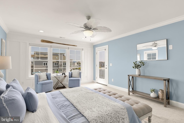 carpeted bedroom with crown molding, ceiling fan, and access to outside