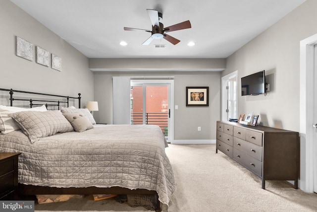 bedroom with baseboards, visible vents, recessed lighting, access to exterior, and light carpet