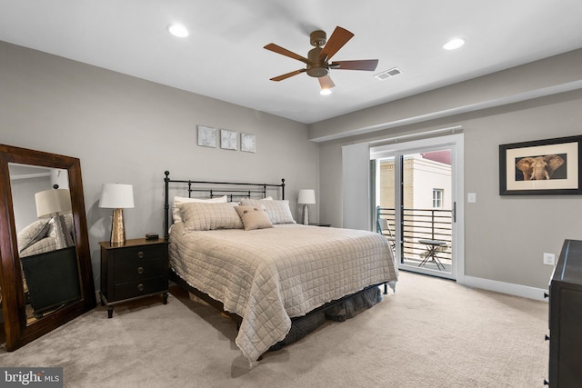 bedroom featuring access to exterior, visible vents, baseboards, light colored carpet, and recessed lighting