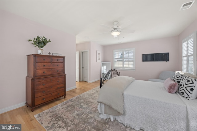 bedroom with ceiling fan and light hardwood / wood-style floors