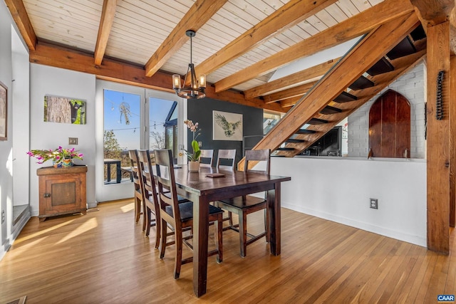 dining space with an inviting chandelier, wood ceiling, wood-type flooring, and beamed ceiling