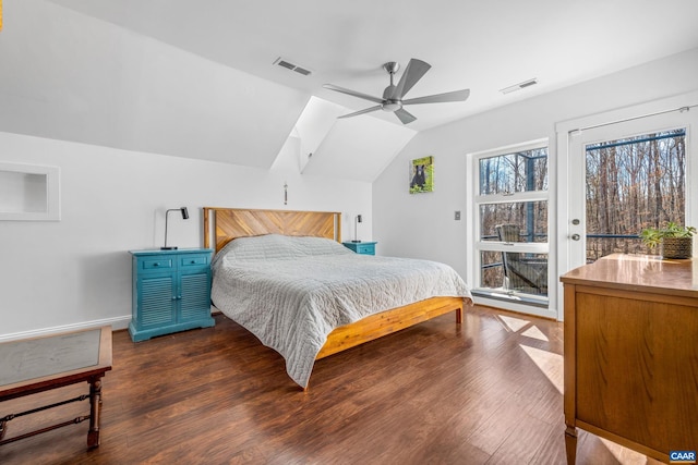 bedroom with dark wood-type flooring, access to outside, ceiling fan, and vaulted ceiling