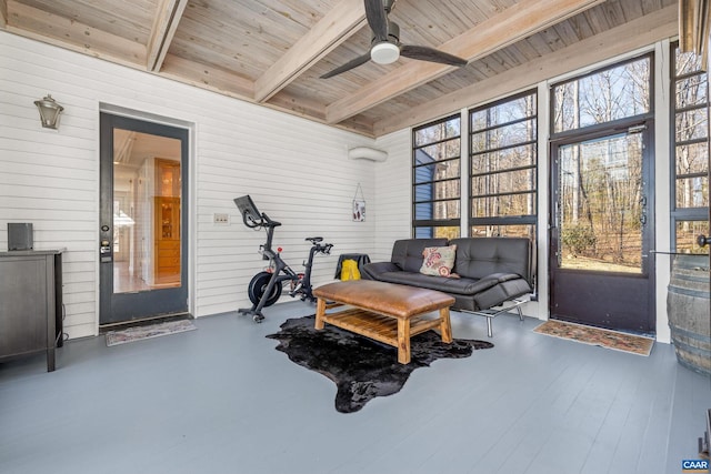 interior space with beam ceiling, wooden ceiling, and ceiling fan