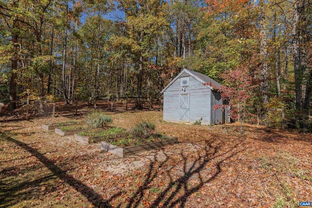 exterior space with a storage shed