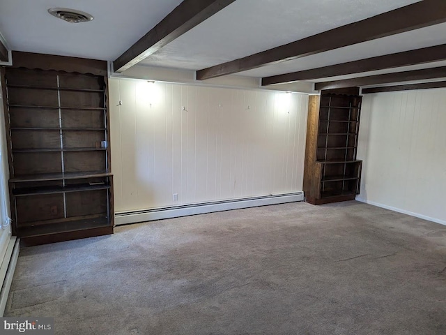 basement with carpet flooring and baseboard heating