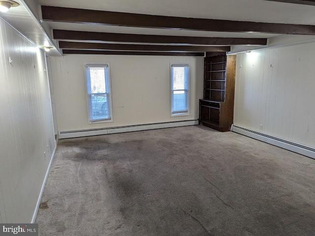 carpeted empty room featuring a baseboard heating unit, a wealth of natural light, beamed ceiling, and wood walls