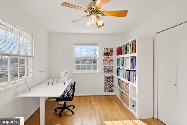 office space with baseboards, plenty of natural light, ceiling fan, and light wood finished floors