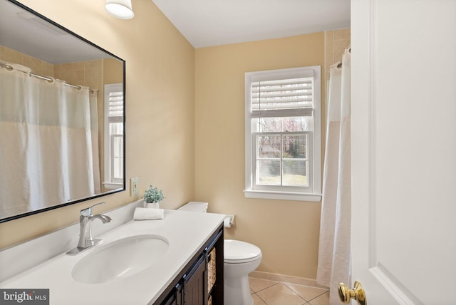 full bath featuring vanity, a shower with curtain, baseboards, tile patterned floors, and toilet