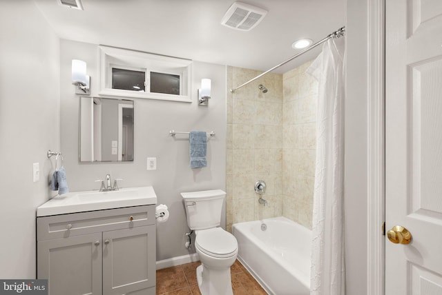 full bath with visible vents, toilet, shower / bath combo, tile patterned flooring, and vanity