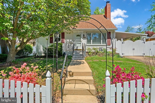 bungalow-style home featuring fence, a chimney, a gate, and an attached carport