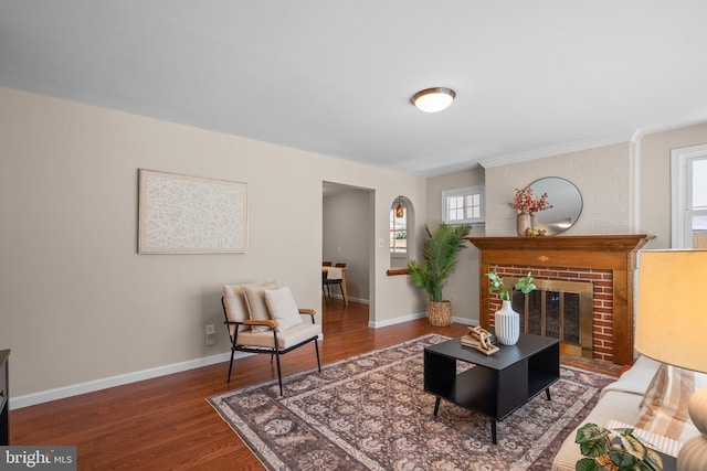 living room featuring baseboards, wood finished floors, and a fireplace
