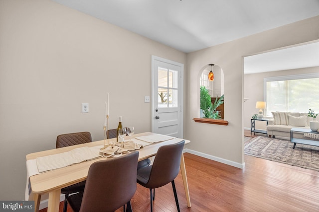 dining area with baseboards, wood finished floors, and a wealth of natural light
