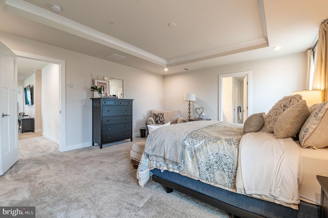 bedroom featuring light colored carpet and a raised ceiling