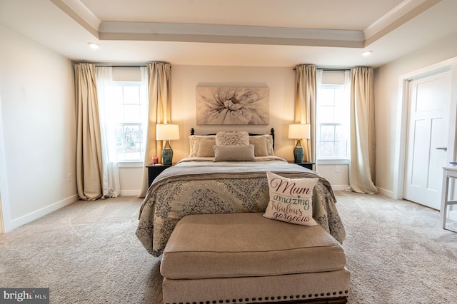 carpeted bedroom featuring a tray ceiling and ornamental molding