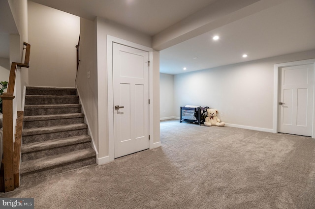 stairway featuring carpet