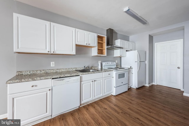 kitchen with sink, white appliances, dark hardwood / wood-style floors, white cabinets, and wall chimney exhaust hood