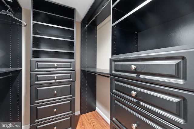 walk in closet with light hardwood / wood-style flooring