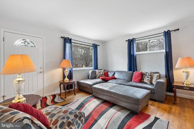 living room with light hardwood / wood-style floors and a wealth of natural light