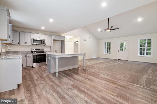 kitchen featuring stainless steel appliances, a center island, sink, and light stone countertops