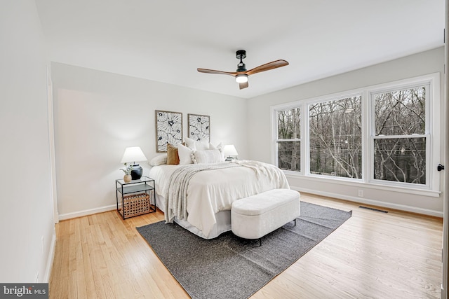 bedroom with ceiling fan, wood finished floors, visible vents, and baseboards