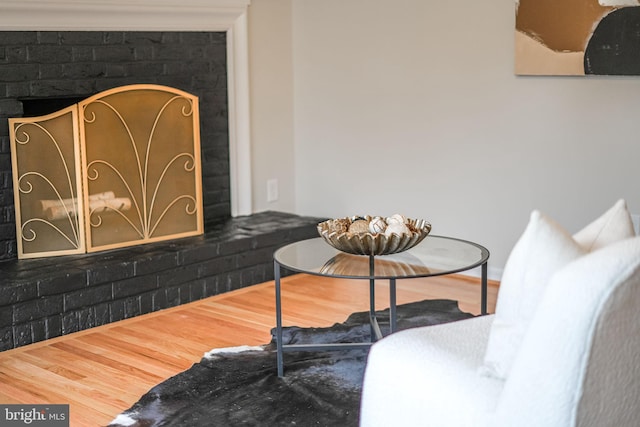 details featuring a brick fireplace and wood finished floors