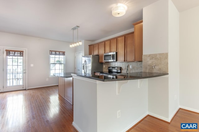 kitchen with tasteful backsplash, wood-type flooring, decorative light fixtures, appliances with stainless steel finishes, and kitchen peninsula