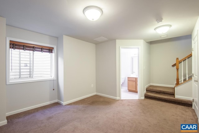 basement featuring light carpet