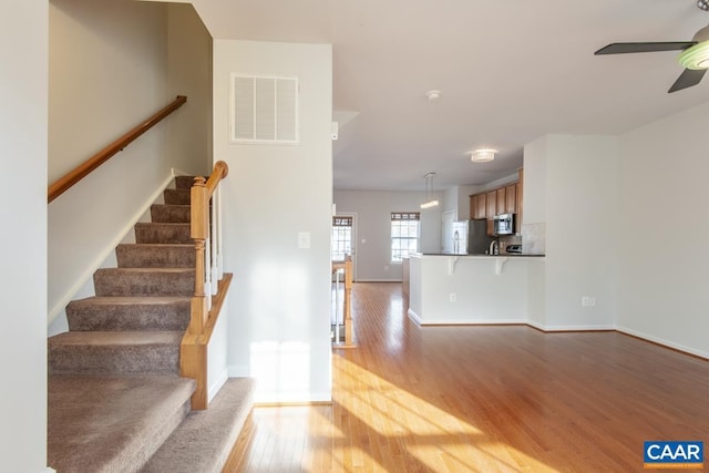 staircase with wood-type flooring and ceiling fan