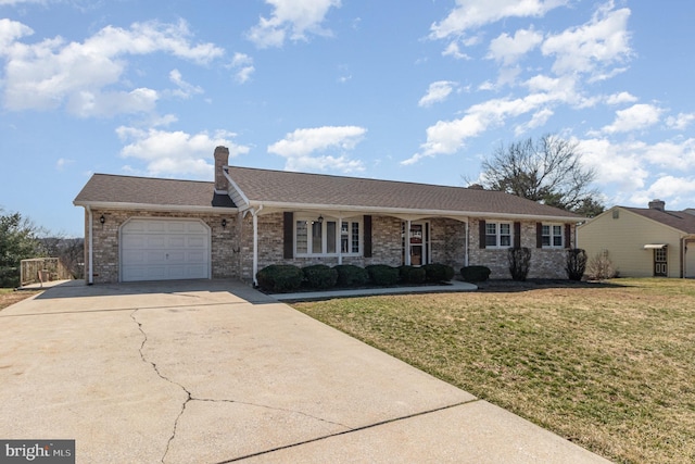 ranch-style house featuring driveway, an attached garage, a chimney, a front lawn, and brick siding