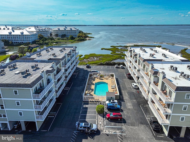 drone / aerial view featuring a water view