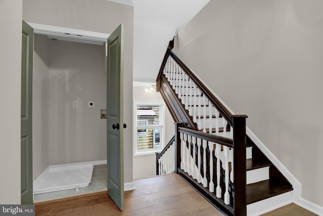 staircase with hardwood / wood-style floors