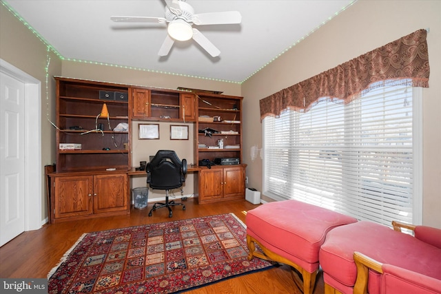 office space featuring a ceiling fan and wood finished floors