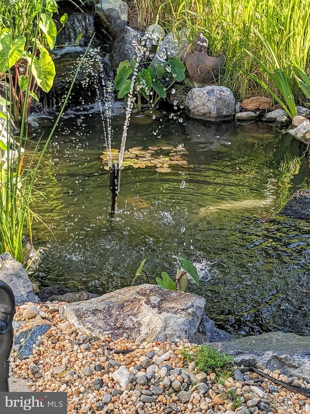 exterior space with a garden pond