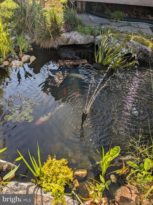 exterior details featuring a small pond